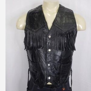 Italian Stone Design Genuine Buffalo Leather Fringe Vest Black Size M